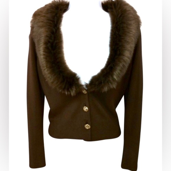 Ann Taylor LOFT Cardigan w/ Faux Fur Collar & stone embellished buttons - Picture 6 of 7